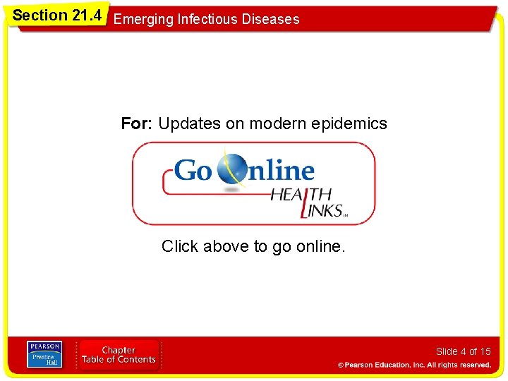 Section 21. 4 Emerging Infectious Diseases For: Updates on modern epidemics Click above to