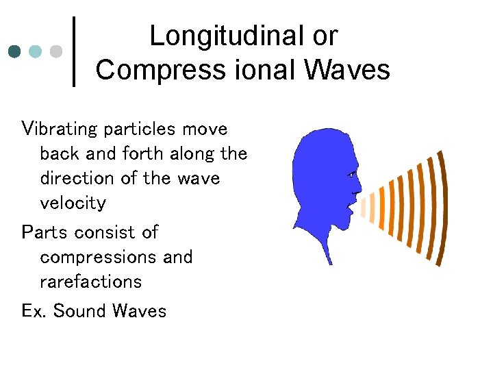Longitudinal or Compress ional Waves Vibrating particles move back and forth along the direction