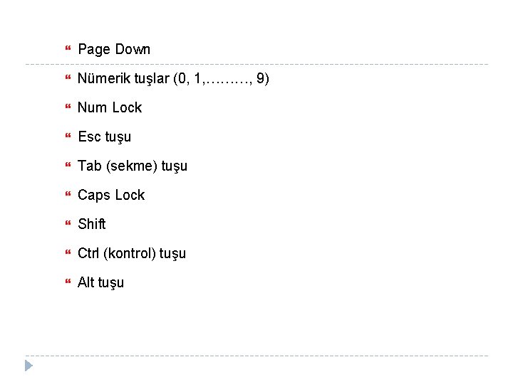  Page Down Nümerik tuşlar (0, 1, ………, 9) Num Lock Esc tuşu Tab