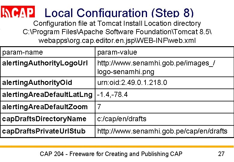 Local Configuration (Step 8) Configuration file at Tomcat Install Location directory C: Program FilesApache Local Configuration (Step 8) Configuration file at Tomcat Install Location directory C: Program FilesApache