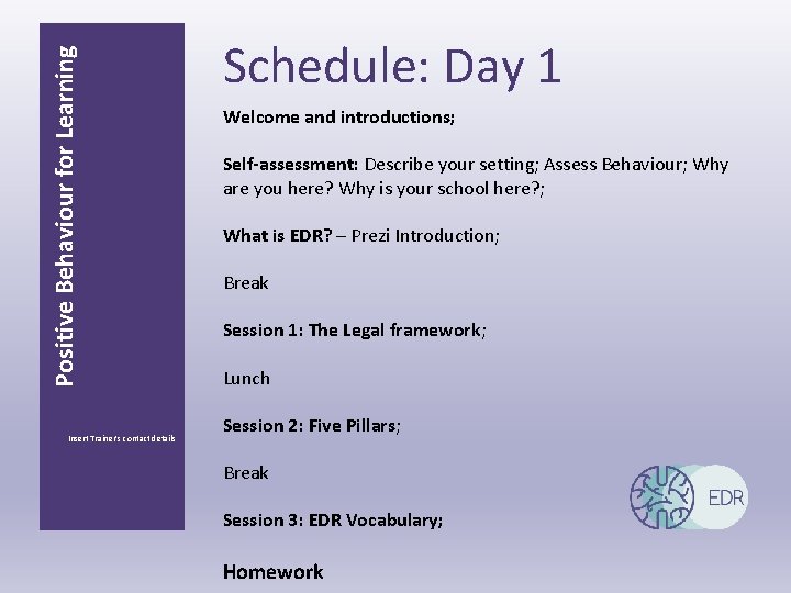 Positive Behaviour for Learning Insert Trainer’s contact details Schedule: Day 1 Welcome and introductions;