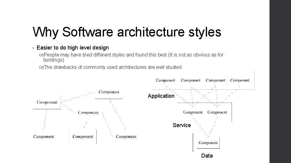 Why Software architecture styles • Easier to do high level design People may have