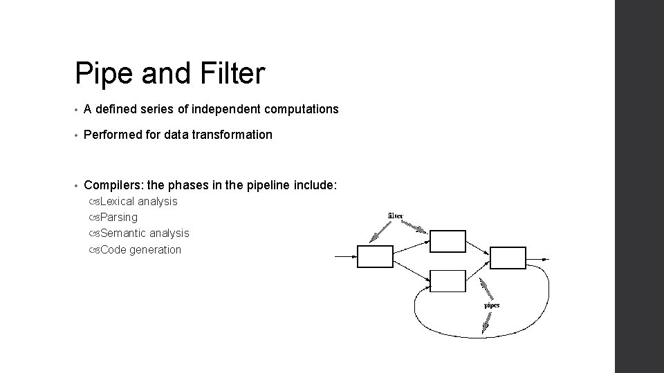 Pipe and Filter • A defined series of independent computations • Performed for data