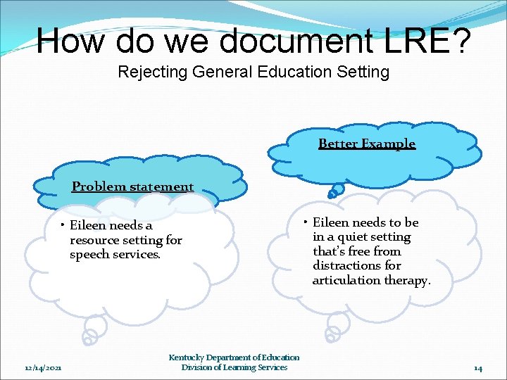 How do we document LRE? Rejecting General Education Setting Better Example Problem statement •