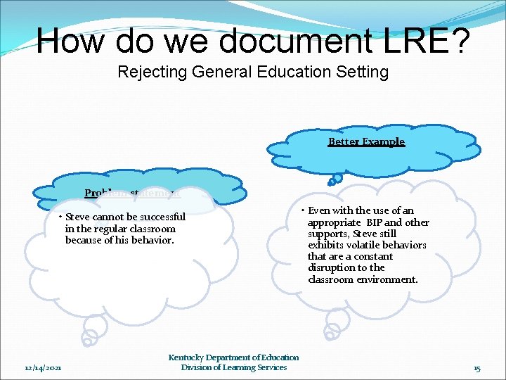 How do we document LRE? Rejecting General Education Setting Better Example Problem statement •