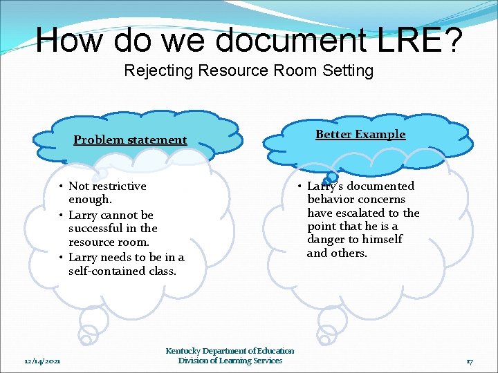 How do we document LRE? Rejecting Resource Room Setting Problem statement • Not restrictive