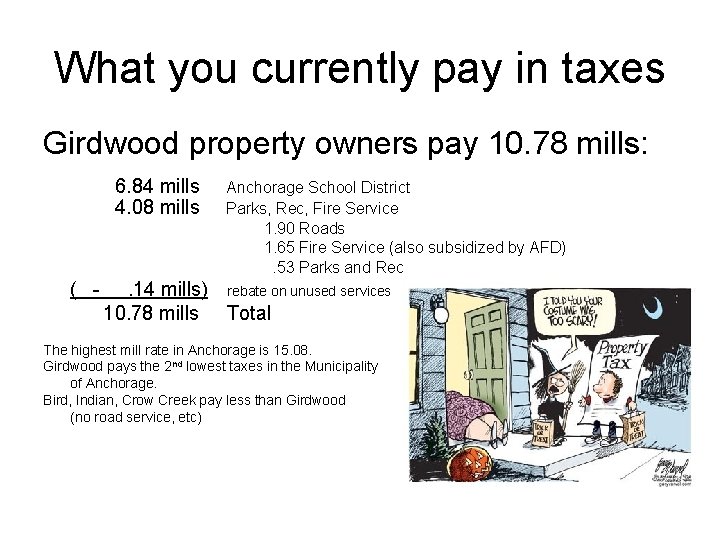 What you currently pay in taxes Girdwood property owners pay 10. 78 mills: 6.