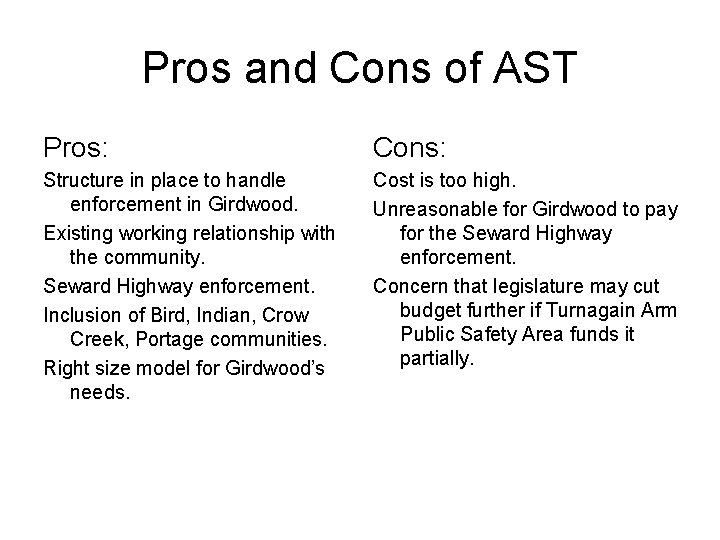 Pros and Cons of AST Pros: Cons: Structure in place to handle enforcement in