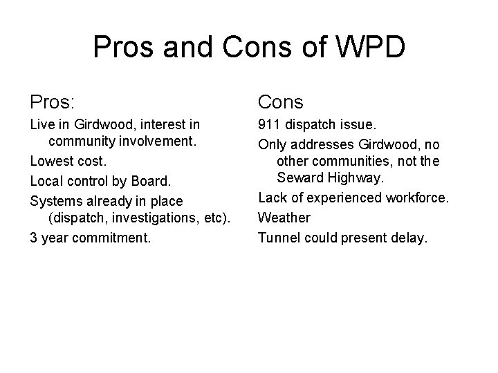 Pros and Cons of WPD Pros: Cons Live in Girdwood, interest in community involvement.