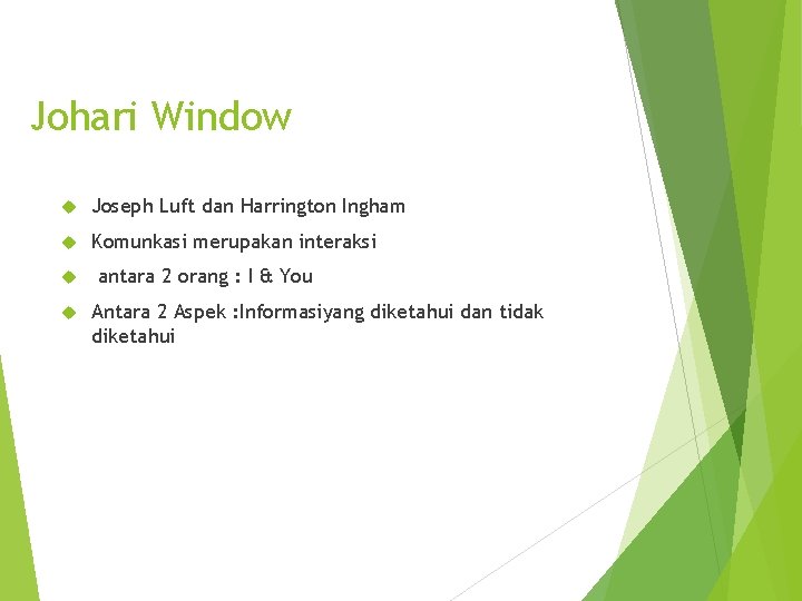 Johari Window Joseph Luft dan Harrington Ingham Komunkasi merupakan interaksi antara 2 orang :