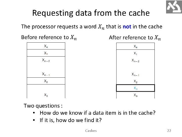Requesting data from the cache Two questions : • How do we know if