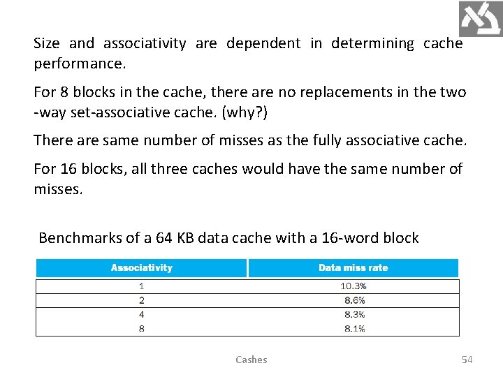 Size and associativity are dependent in determining cache performance. For 8 blocks in the