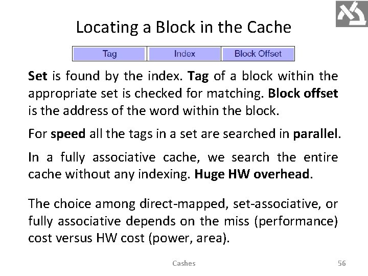 Locating a Block in the Cache Set is found by the index. Tag of