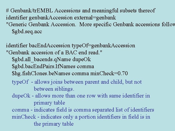 # Genbank/tr. EMBL Accessions and meaningful subsets thereof identifier genbank. Accession external=genbank "Generic Genbank