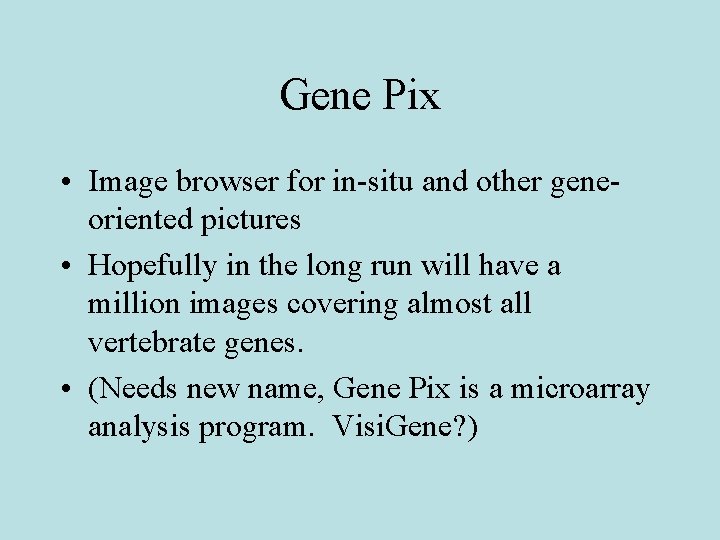 Gene Pix • Image browser for in-situ and other geneoriented pictures • Hopefully in