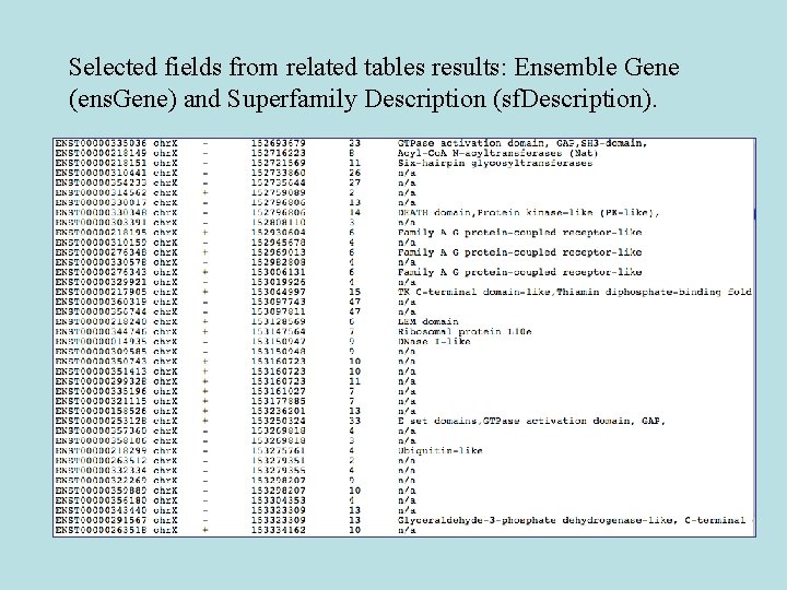 Selected fields from related tables results: Ensemble Gene (ens. Gene) and Superfamily Description (sf.