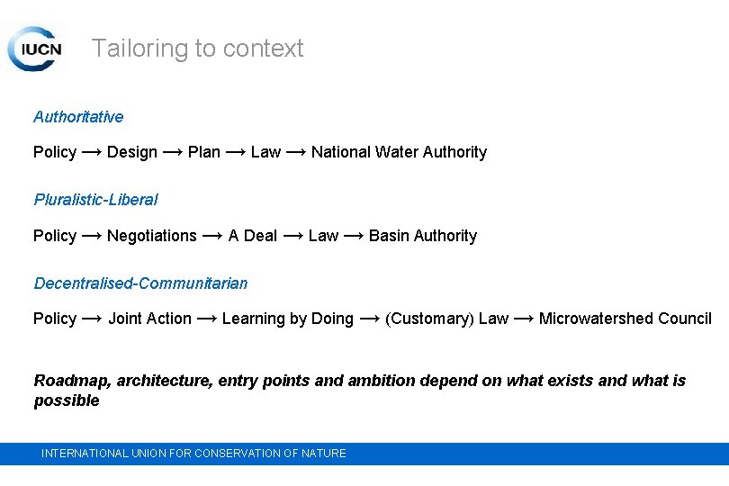 Tailoring to context Authoritative Policy → Design → Plan → Law → National Water