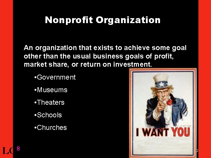 Nonprofit Organization An organization that exists to achieve some goal other than the usual