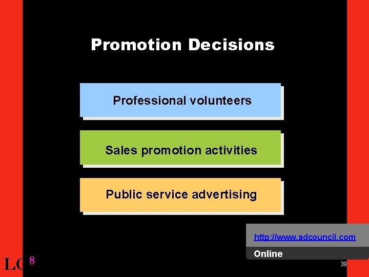Promotion Decisions Professional volunteers Sales promotion activities Public service advertising http: //www. adcouncil. com