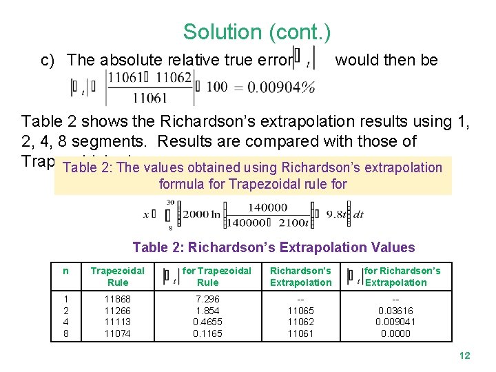 Solution (cont. ) c) The absolute relative true error would then be Table 2