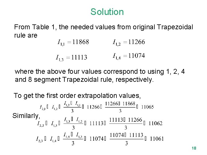 Solution From Table 1, the needed values from original Trapezoidal rule are where the