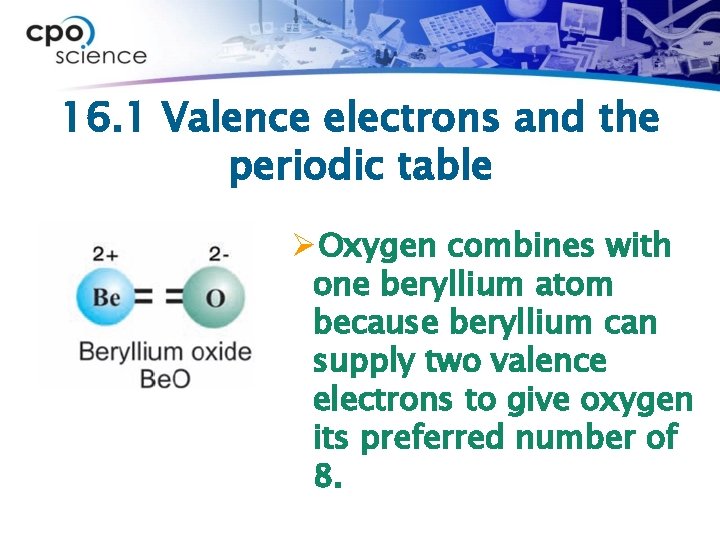 16. 1 Valence electrons and the periodic table ØOxygen combines with one beryllium atom