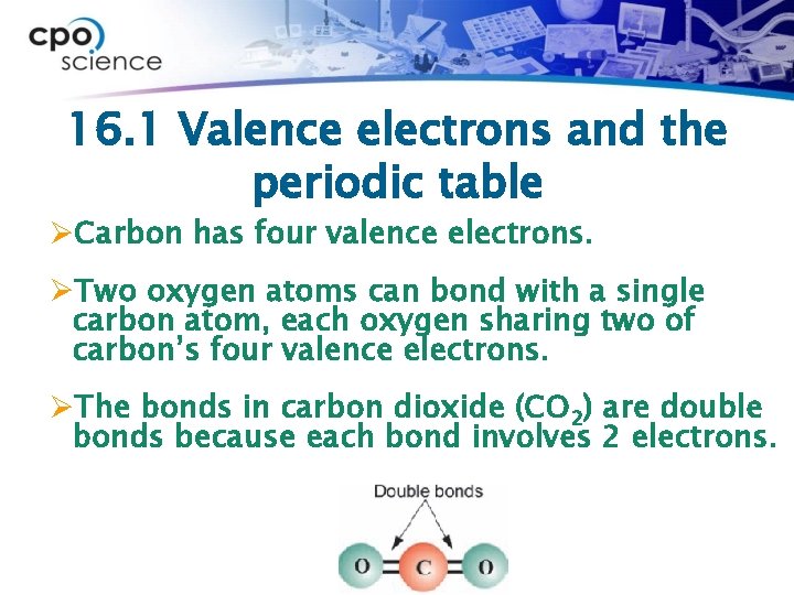 16. 1 Valence electrons and the periodic table ØCarbon has four valence electrons. ØTwo
