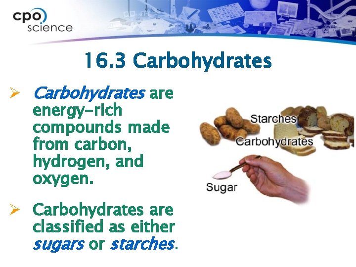 16. 3 Carbohydrates Ø Carbohydrates are energy-rich compounds made from carbon, hydrogen, and oxygen.