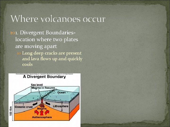 Where volcanoes occur 1. Divergent Boundaries- location where two plates are moving apart Long