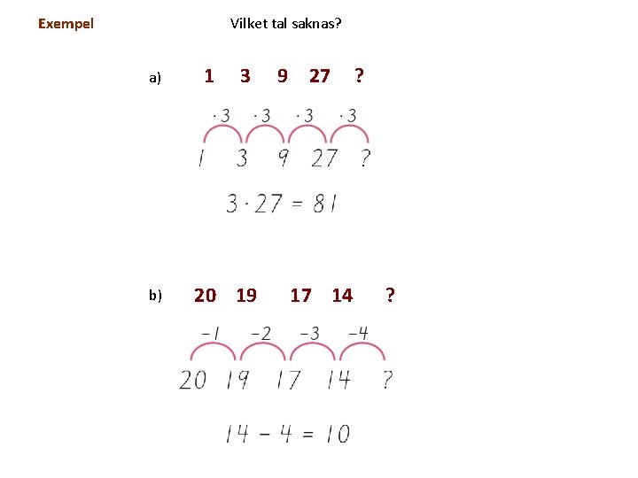 Vilket tal saknas? Exempel a) b) 1 3 20 19 9 27 17 14