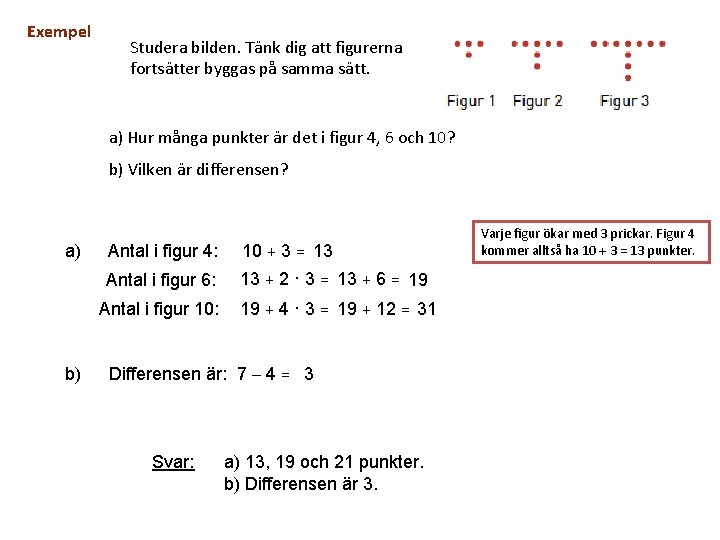 Exempel Studera bilden. Tänk dig att figurerna fortsätter byggas på samma sätt. a) Hur