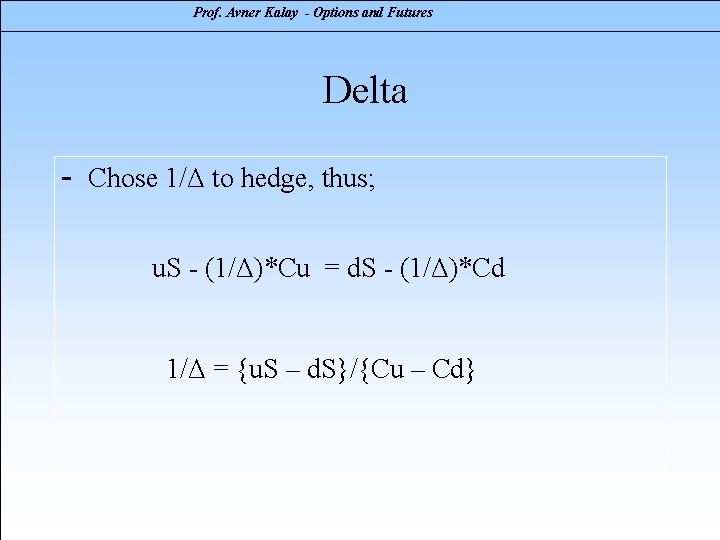 Prof. Avner Kalay - Options and Futures Delta - Chose 1/Δ to hedge, thus;