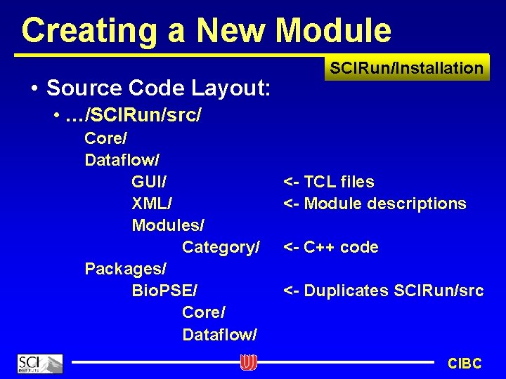 Creating a New Module • Source Code Layout: SCIRun/Installation • …/SCIRun/src/ Core/ Dataflow/ GUI/