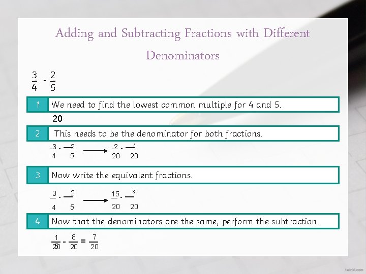 Adding and Subtracting Fractions with Different Denominators – 3 - – 2 4 1