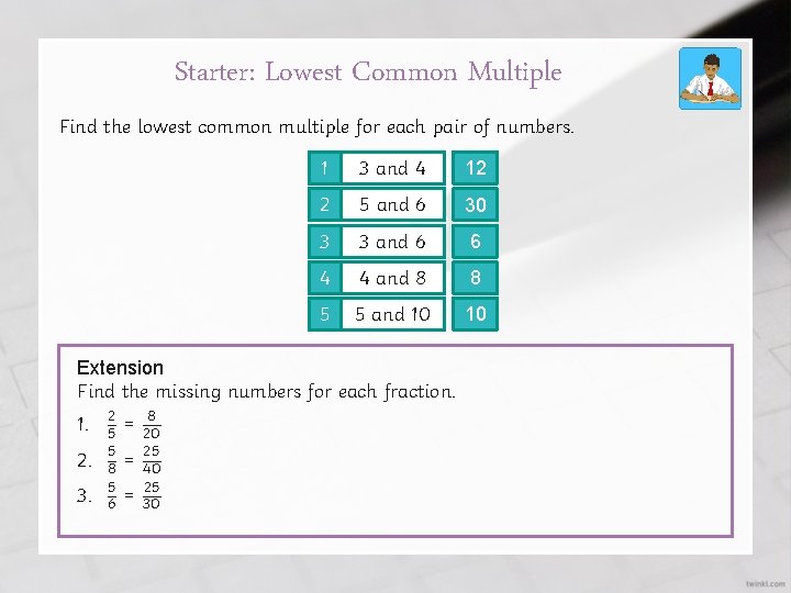 Starter: Lowest Common Multiple Find the lowest common multiple for each pair of numbers.