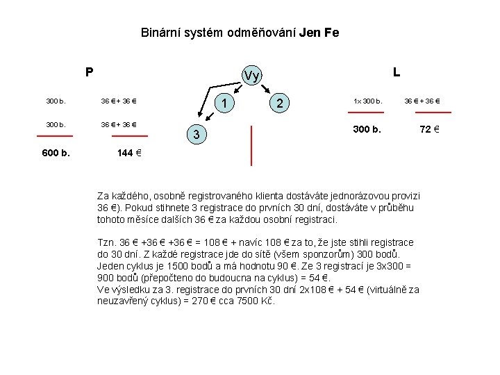 Binární systém odměňování Jen Fe P 300 b. 36 € + 36 € 600