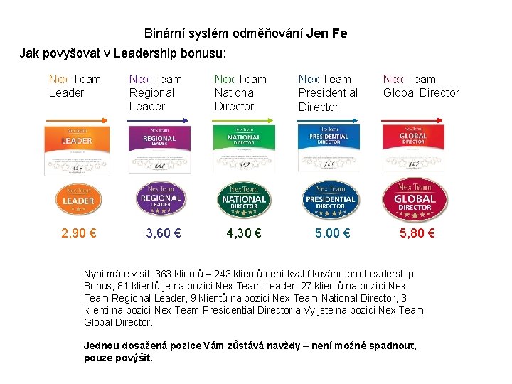 Binární systém odměňování Jen Fe Jak povyšovat v Leadership bonusu: Nex Team Leader 2,