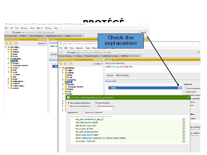 PROTÉGÉ Check the explanation! Try some queries with people ontology and check the explanations: