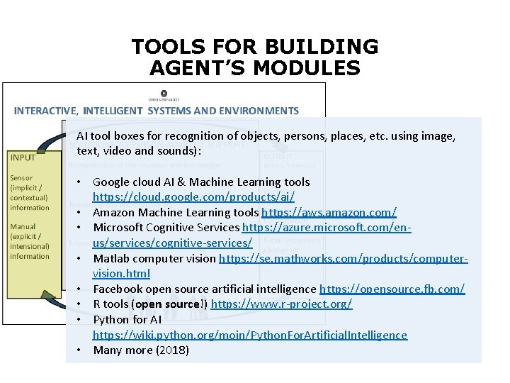 TOOLS FOR BUILDING AGENT’S MODULES AI tool boxes for recognition of objects, persons, places,