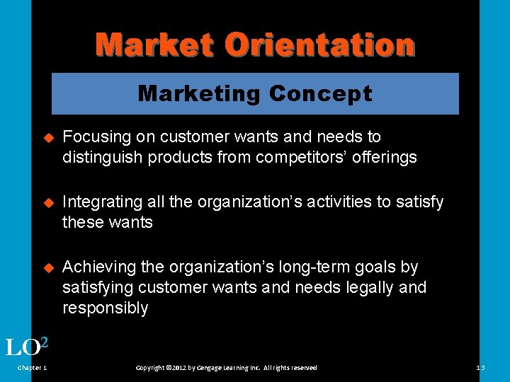 Market Orientation Marketing Concept u Focusing on customer wants and needs to distinguish products
