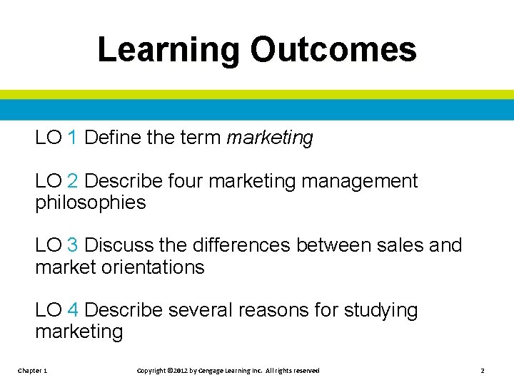 Learning Outcomes LO 1 Define the term marketing LO 2 Describe four marketing management
