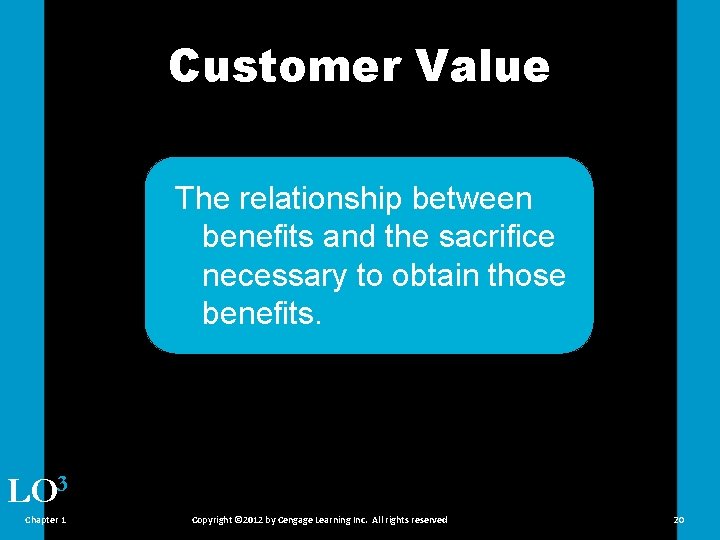 Customer Value The relationship between benefits and the sacrifice necessary to obtain those benefits.