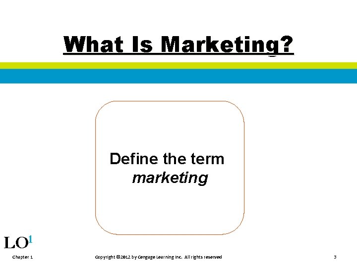 What Is Marketing? Define the term marketing LO 1 Chapter 1 Copyright © 2012
