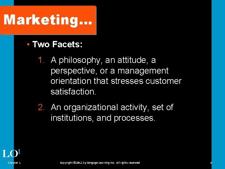 Marketing… • Two Facets: 1. A philosophy, an attitude, a perspective, or a management