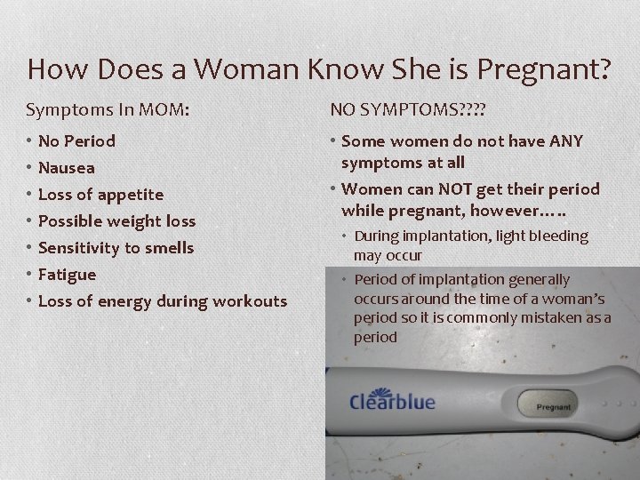 How Does a Woman Know She is Pregnant? Symptoms In MOM: • • No