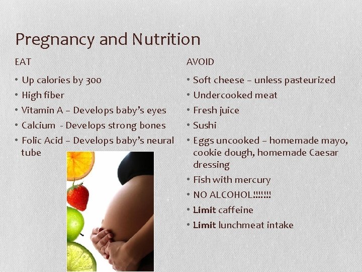 Pregnancy and Nutrition EAT • • • Up calories by 300 High fiber Vitamin