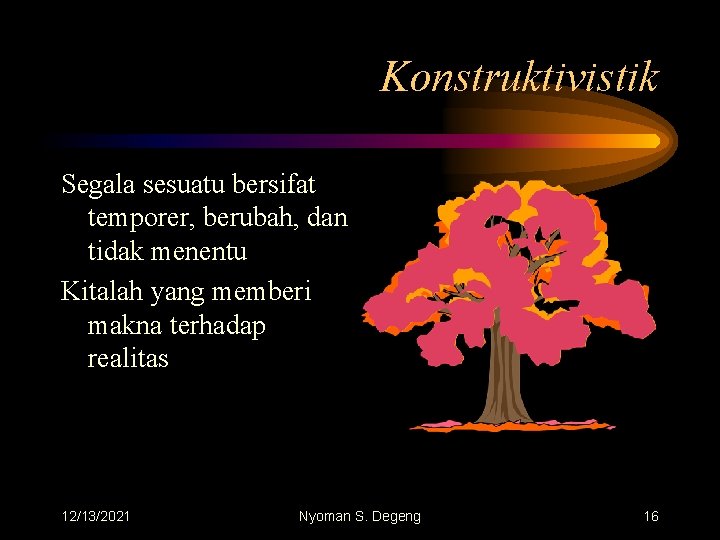 Konstruktivistik Segala sesuatu bersifat temporer, berubah, dan tidak menentu Kitalah yang memberi makna terhadap