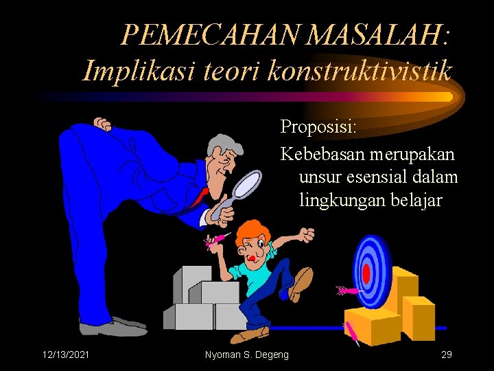 PEMECAHAN MASALAH: Implikasi teori konstruktivistik Proposisi: Kebebasan merupakan unsur esensial dalam lingkungan belajar 12/13/2021