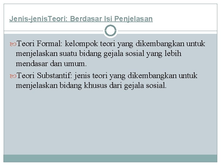 Jenis-jenis. Teori: Berdasar Isi Penjelasan Teori Formal: kelompok teori yang dikembangkan untuk menjelaskan suatu