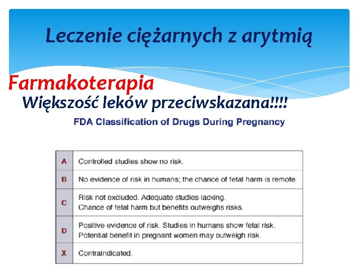 Leczenie ciężarnych z arytmią Farmakoterapia Większość leków przeciwskazana!!!! 